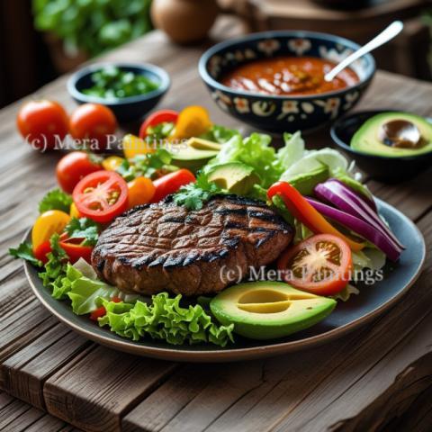 Mexican meal with grilled meat, fresh vegetables, and sauce