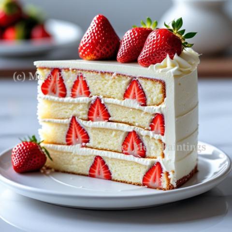 Front view of a cake slice with cream and strawberries
