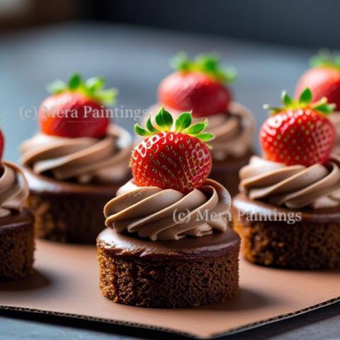 Front view  of  chocolate cakes  with brown cream and strawberry