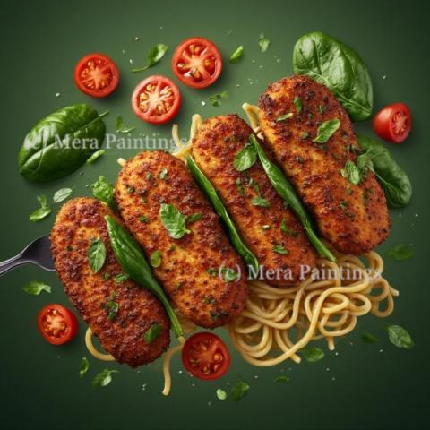 Cutlet, pasta,  spinach and tomatoes