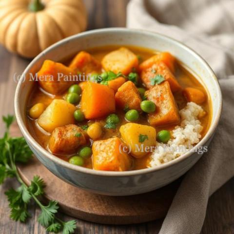 Bowl of vegan curry with potatoes, carrots, peas, parsley