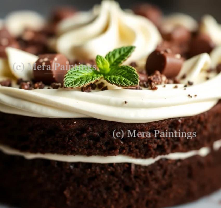 Chocolate cake with mint and chocolate toppings