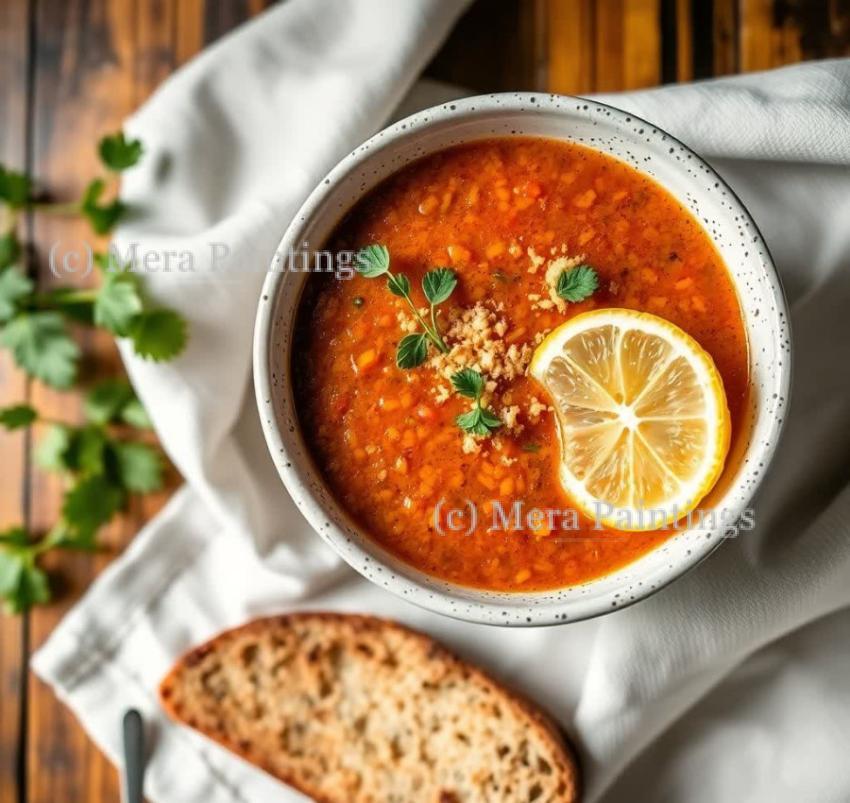 Red lentil soup with a slice of lemon